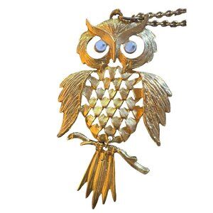 Vintage Articulatiing Owl Goldtone Googly Eyes 16" Long With Chain